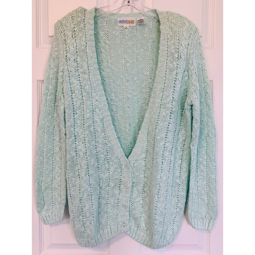 Vintage Astor One Boucle Knit Large Cardigan Sweater Mint Green Secretary Geek
